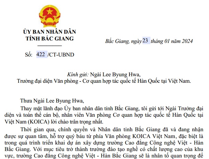 Công thư mời Trưởng đại diện KOICA tại Việt Nam