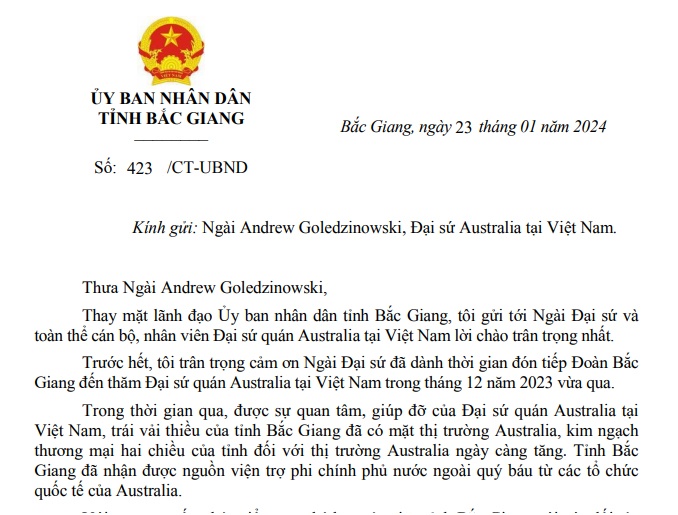 Công thư mời Đại sứ Australia tại Việt Nam