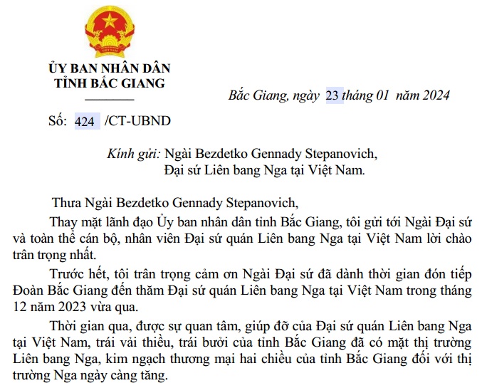 Công thư mời Đại sứ Liên bang Nga tại Việt Nam