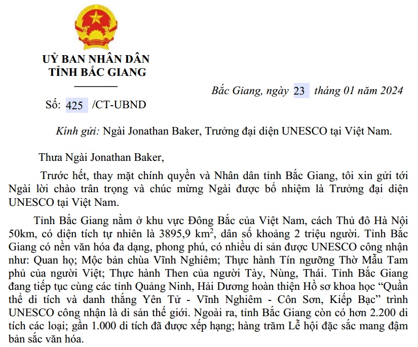 Công thư mời Trưởng đại diện UNESCO tại Việt Nam