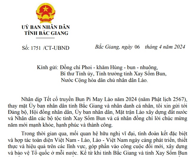 Thư chúc mừng Tết cổ truyền Bun Pi May Lào năm 2024