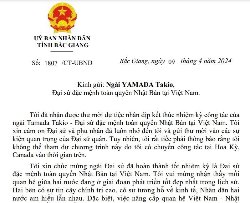 Thư gửi Đại sứ đặc mệnh toàn quyền Nhật Bản tại Việt Nam