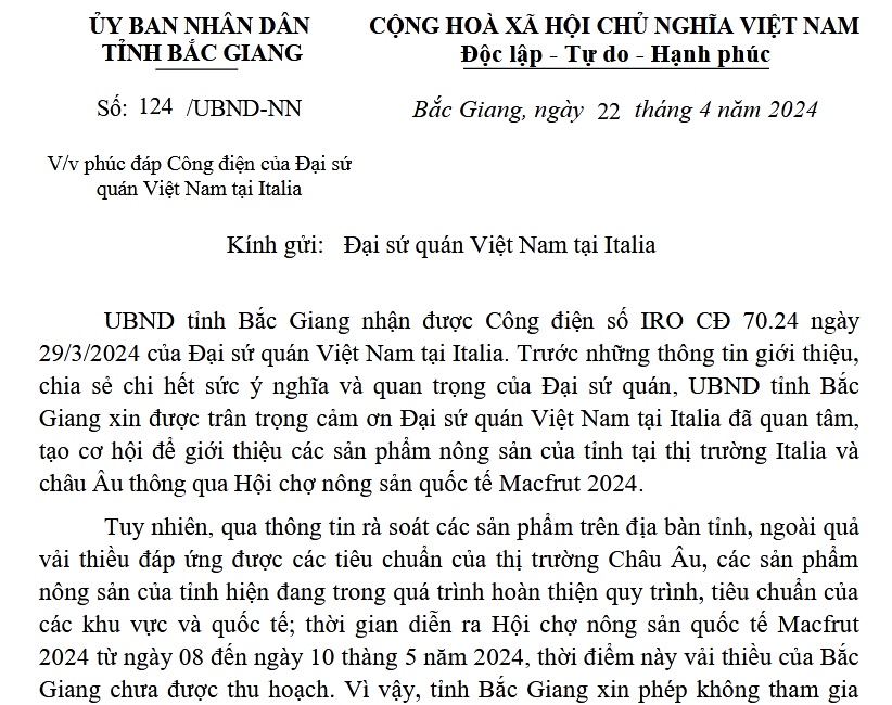 Công văn phúc đáp Công điện của Đại sứ quán Việt Nam tại Italia