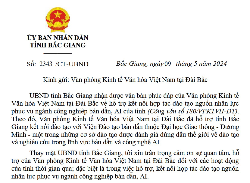 Công hàm gửi Văn phòng Kinh tế Văn hóa Việt Nam tại Đài Bắc
