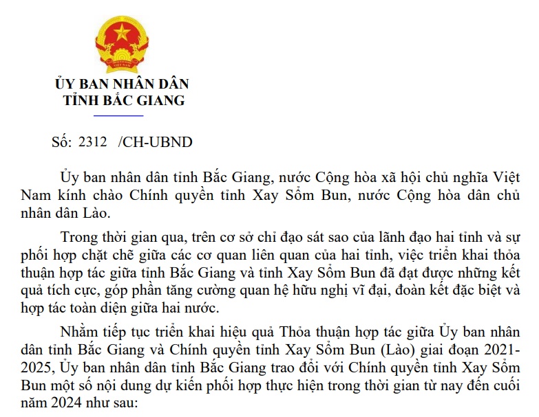 Công hàm gửi Chính quyền tỉnh Xay Sổm Bun, nước Cộng hòa dân chủ Nhân dân Lào