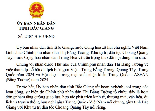 Công hàm phúc đáp Thư mời về tham dự Lễ hội du lịch biên giới Việt - Trung Bằng Tường và Hội chợ...